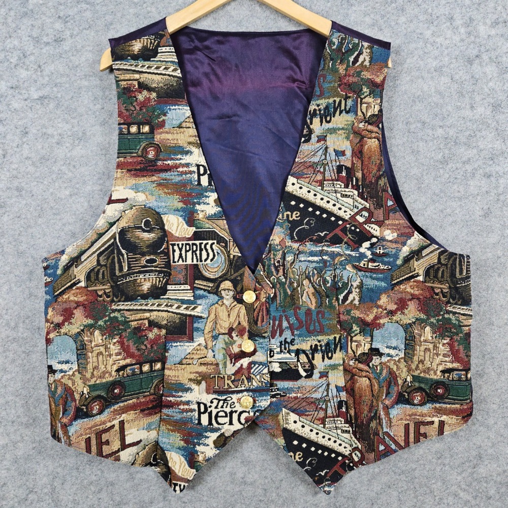Tapestry Vest Women's Travel Novelty Print Gold Tone‎ Buttons Vintage FADING